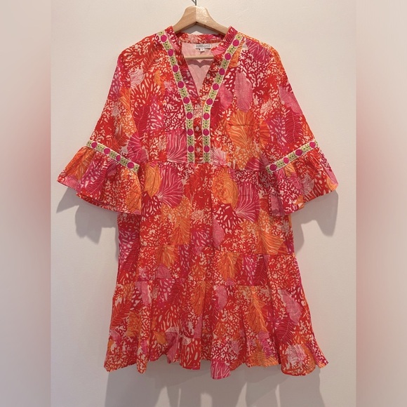 Debbie Katz South Beach Sinia Pink Orange Embroidered Trim Dress size M EUC - Picture 1 of 6
